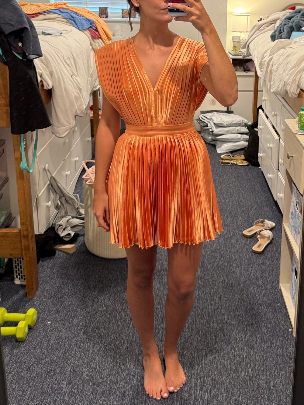 Pleated V-Neck Mini Dress in Vibrant Orange